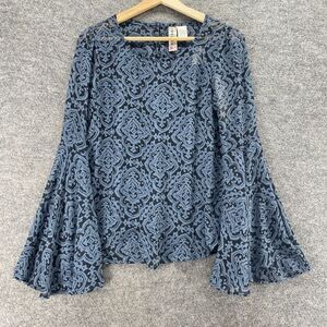 Mimi Chica Blouse Women S Small Blue Geometric Long Sleeve Round Neck Hook & Eye